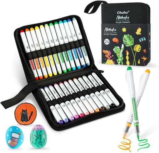 Ohuhu Direct-ink Acrylic Brush Markers Nahuku - set 24 kleuren in zwart etui