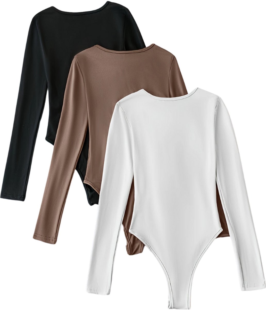 Livano Bodysuit Dames - Jumpsuit - Corrigerend Ondergoed - Body plunge - Lingerie - Setje Vrouwen - 3 Pcs - Zwart/Wit/Khaki - Maat XS