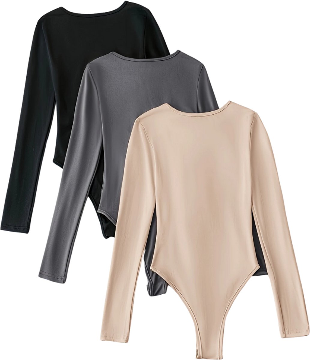 Livano Bodysuit Dames - Jumpsuit - Corrigerend Ondergoed - Body plunge - Lingerie - Setje Vrouwen - 3 Pcs - Zwart/Abrikoos/Donkergrijs - Maat XL