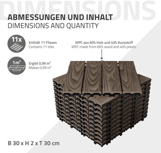 WPC terras tegels 30x30 cm set van 11 voor 1m² antraciet in houtlook mozaïek met