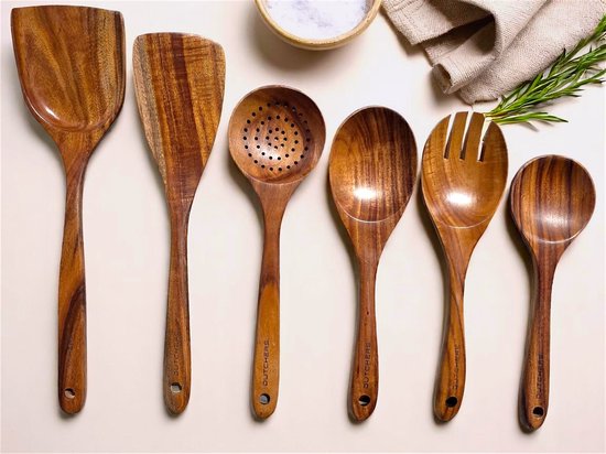 Dutchers® 6-delige Houten Spatel set - Spatels - Soeplepel - Keuken lepel - Kookgerei - Wokspatels - Pollepels - Opscheplepel - Keukenlepel - Kookgerei - Keukengerei - Geschenkset Vrouwen - Cadeau - Keukenaccessoires