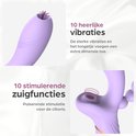 Close-up van paarse vibrator met tongetje en zuigfunctie. "10 heerlijke vibraties", "10 stimulerende zuigfuncties".