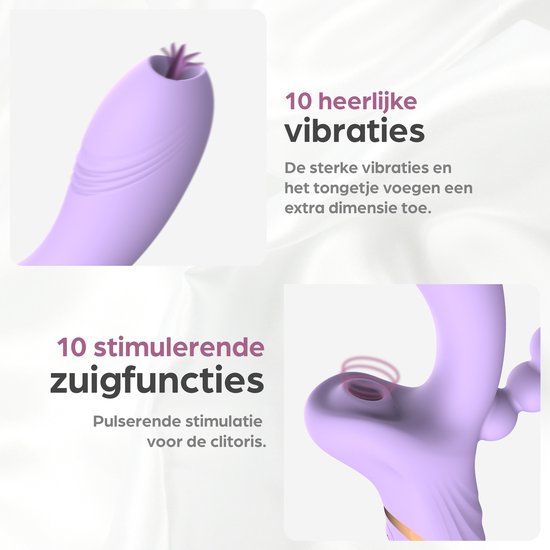 Close-up van paarse vibrator met tongetje en zuigfunctie. "10 heerlijke vibraties", "10 stimulerende zuigfuncties".