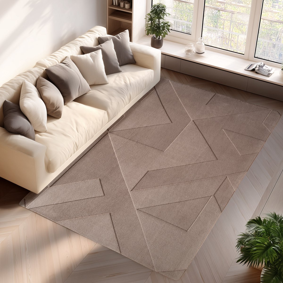 Pompei Quadro Taupe – Geometrisch Blokdesign – Laagpolig – Trending Vloerkleed – 240x340 cm