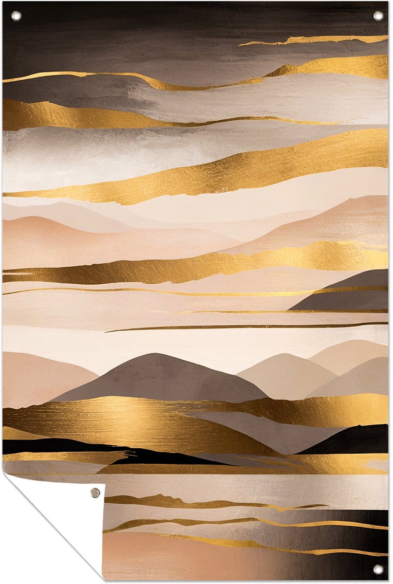 Abstract landschap met gouden accenten - Landschap tuinprint - Tuinversiering lijnen - Abs