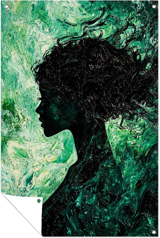 Silhouet vrouw abstract groen - Silhouet tuinposter - Tuinmuurdecoratie vrouw - Abstract expressionisme - Waterbestendige poster - Wandposter voor tuin - tuinposter 50x75 cm
