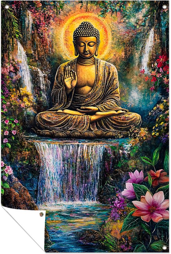 Boeddha in kleurrijke natuurpracht - Boeddha tuinposter - Tuinwanddecoratie waterval - Surrealistisch - Muurdecoratie tuin - Grote tuinposters - Tuinposter 50x75 cm