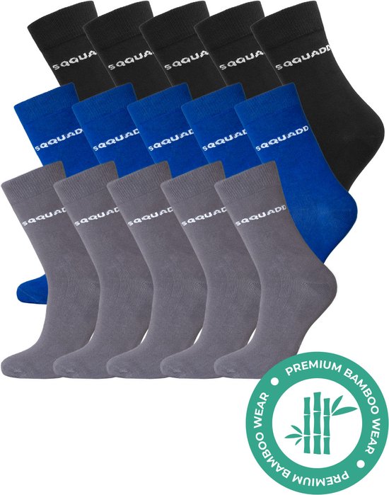 SQQUADD® Chaussettes en Bamboe Femme et Homme - Pack de 15 Unisexes - Taille 39-42 - Sans Couture et Durables - Contre la Transpiration des Pieds - Bamboo - Zwart/ Grijs/ Blauw