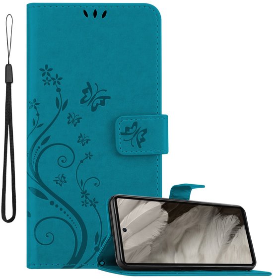 Étui Cadorabo compatible avec Google Pixel 7A en BLEU FLEURI - Étui de protection à motif floral avec fermeture magnétique, fonction support et emplacements pour cartes Book Case Cover Etui