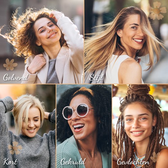 Collage van vijf vrouwen met verschillende kapsels: golvend, stijl, kort, gekruld, gevlochten.