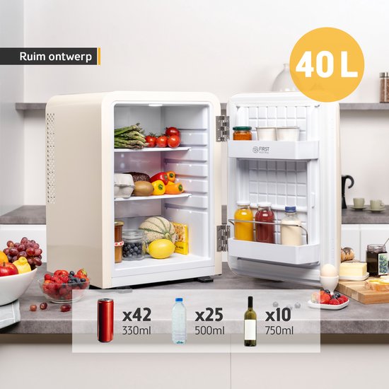 TZS First Austria Mini koelkast - Minibar - 40 liter - Vrijstaand - Volledig stil 22dB - Retro - Crème