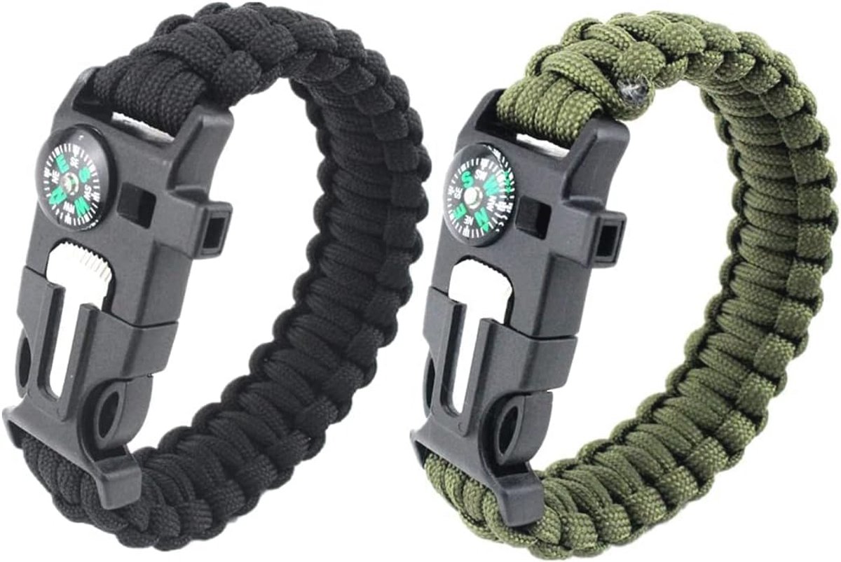 Survivalarmband met Vuursteen, Kompas en Fluitje - 2 Stuks - Perfect voor Buitenactiviteiten