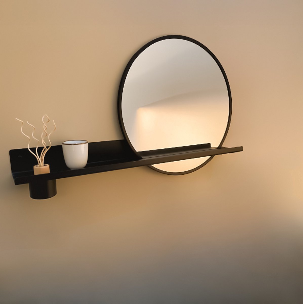 By Bresi - Wandplank Dimaro Zwart - met spiegel en diffuser - Industrieel - Wandspiegel - Hal - Toilet - Badkamer - Woonkamer - Spiegel - Spiegelplank