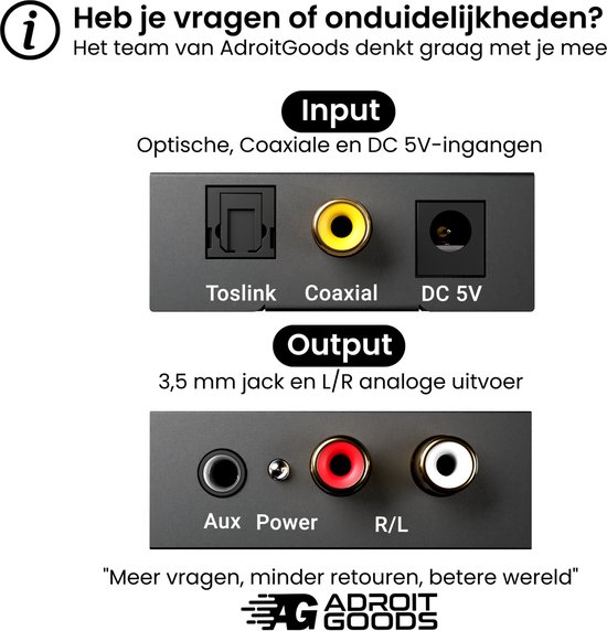 AdroitGoods Digitaal naar Analoog audioconverter - 192 kHz Audio Adapter voor Toslink naar RCA R/L - Met Optische Kabel en Voedings Adapter — afbeelding 2