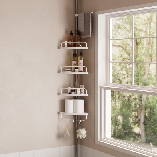 SONGMICS BCB002B01 Doucherek voor badkamer, 95-300 cm hoog, roestvrij staal, met 4 planken, 3 haken, 1 handdoekstang, metallic zilver en inktzwart