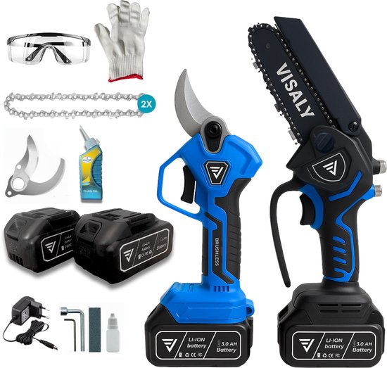 Visaly Ultra Snoeiset 2-in-1 - Mini Kettingzaag & Elektrische Snoeischaar - Snoeigereedschap - Accu Snoeischaar - Accu Kettingzaag - Takkenzaag - Snoeizaag - Incl. Opbergkoffers, Reserve Accessoires & 4 Accu's