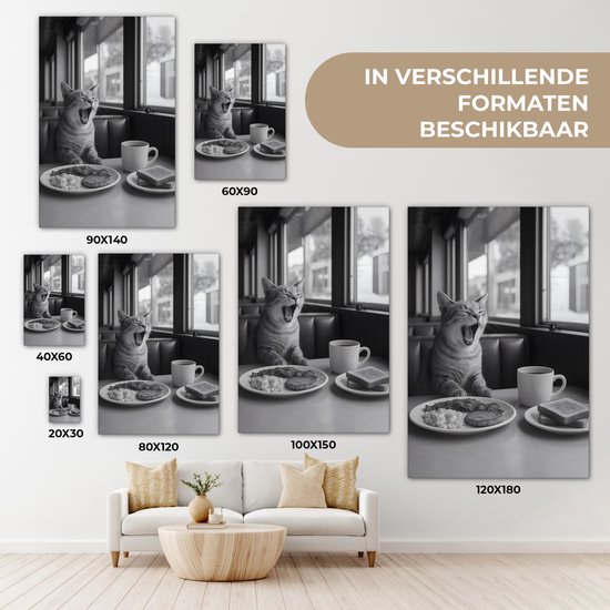Canvas schilderij 80x120 cm - Exclusieve wanddecoratie Kat - Koffie - Brood - Zwart - Muurdecoratie woonkamer - Slaapkamer decoratie - Kamer accessoires - Schilderijen op canvas