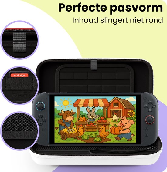De binnenzijde van een witte hardcase hoes toont een Nintendo Switch met een spel, en vakjes voor cartridges, oplader, oordopjes en kabels.