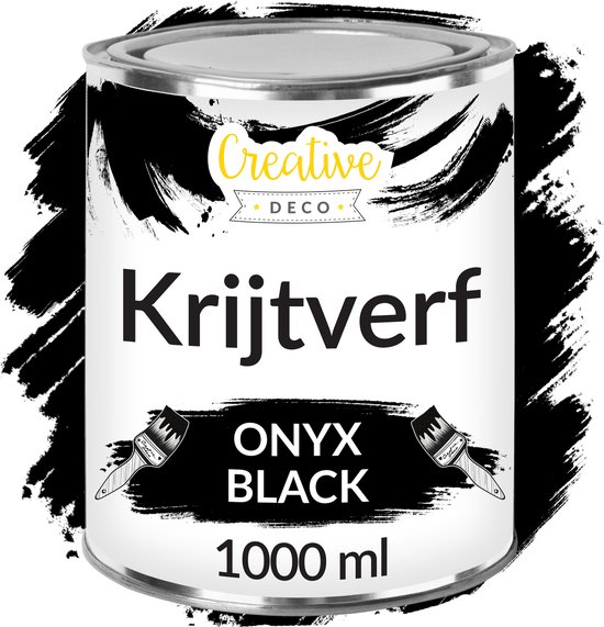 Blik Creative Deco Krijtverf Onyx Black 1000 ml, met gestreepte zwarte achtergrond en twee kwasten.