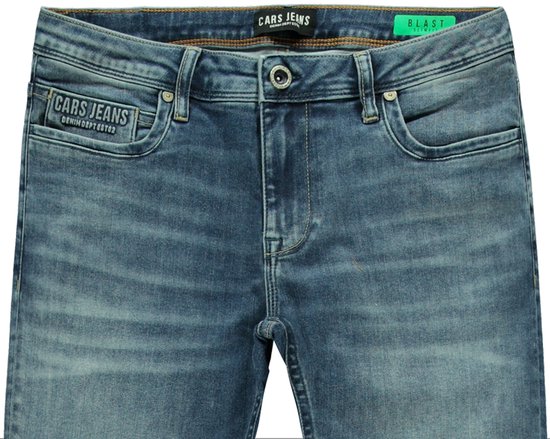 Klassieke blauwe denim jeans met C.A.R.S. Jeans logo en 'BLAST' maatlabel.