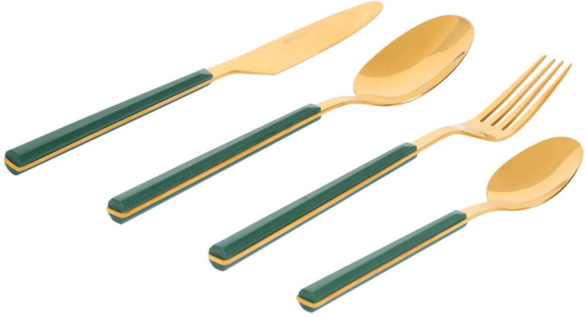 Stijlvol 16 delige gouden bestek set met groen handvat