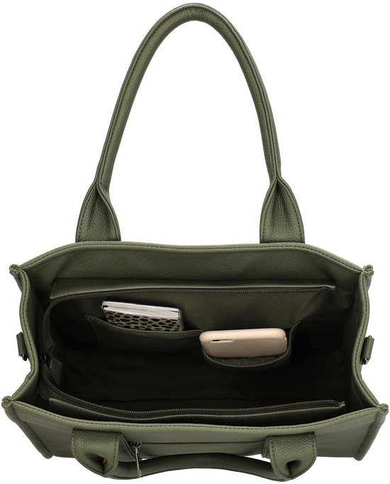 Natuur groen tote bag, open van voren, met een telefoon, notitieboekje en diverse vakken.