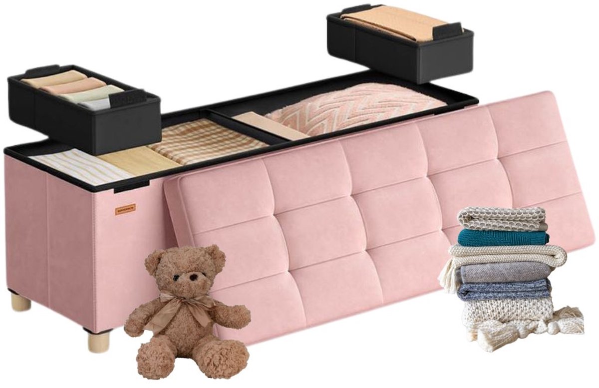 Signature Home Poef - Zitbank met Opbergruimte - Hocker opvouwbare - 112 Ltr opbergbox met deksel - fluweel - belastbaar tot 300 kg - Roze