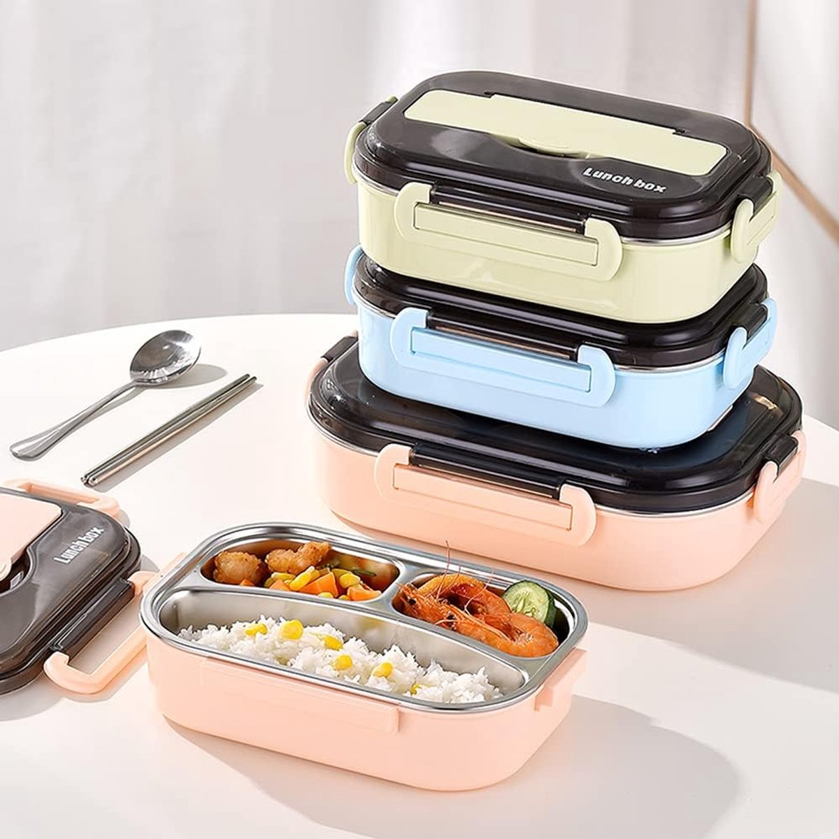 IBBO® - RVS Lunchbox 1000 Ml - Bento Box - Broodtrommel - Lunchtrommel - Salade lunchbox - Met 3 Compartimenten - 3 Vakjes - Volwassenen en Kinderen - To Go - Lekvrij - BPA vrij - 1000 ml - Licht Roze