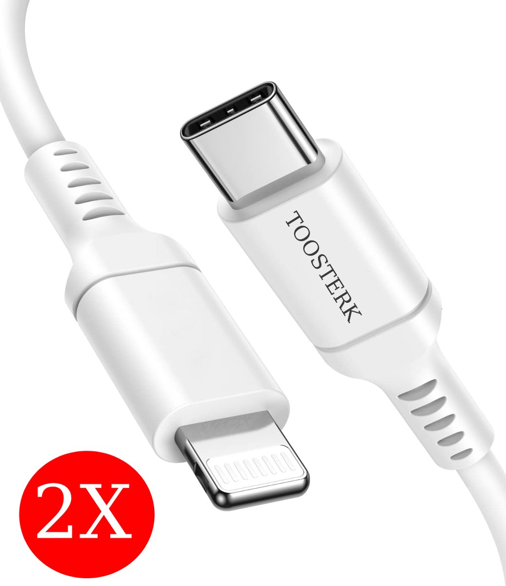 Toosterk USB-C naar Lightning Kabels | 1 Meter | 2 Stuks | Wit | Geschikt voor Apple | Oplader Kabel