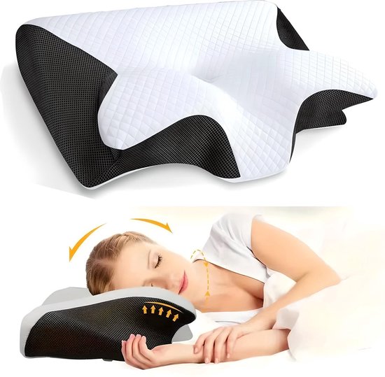 Hoofdkussen - Orthopedisch & Ergonomisch - Tegen Nekklachten - Rugklachten - Anti Snurk - Kan helpen bij slaapapneu - Hoge kwaliteit Memory Foam - Traagschuim - Foam - Slaap - Kussen - Slapen - Zijslaper - Wit met Zwart.