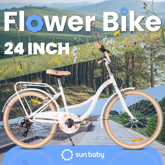 Flower Bike Kinderfiets 24 inch meisjes van 8 tot 12 jaar, Beige en wit, Fiets voor een meisje met 7 versnellingen, bagagedrager, metalen spatborden, V-brake, kettingkast van Flower Bike — afbeelding 2