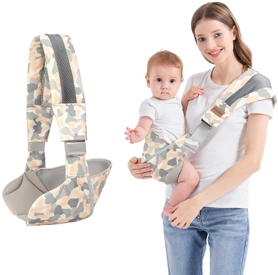 Draagzak - Ergonomische draagzak - Voordrager - Verstelbare draagzak met één schouder voor baby's - Heupdraagzak van mesh - Draagbare draagzak - Past op buik, heupen en rug - Camouflagepatroon