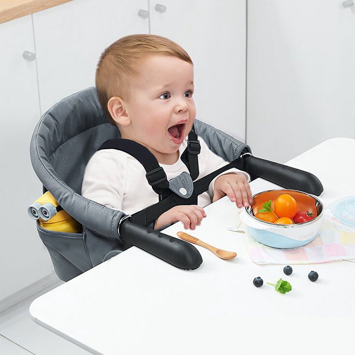 NAIZY Tafelstoel Baby Grijs Booster Seat Kinderstoel Opvouwbaar met Antislip Handvat & Veiligheidsgordel & Opbergzakken Kinderstoel voor 2-8cm Dikke Tafel thumbnail 4
