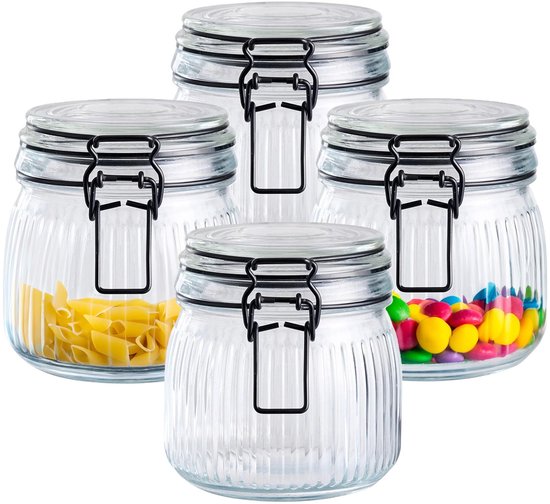 Alpina Voorraad/weck pot - 4x - transparant - geribbeld glas - 12 x 11 cm - 0.5 L