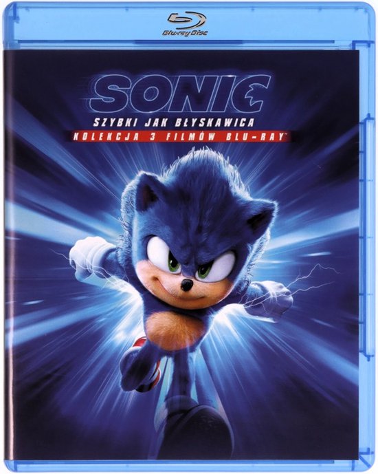 Voorkant van een Blu-ray hoes met Sonic die naar voren rent met bliksemschichten om hem heen.