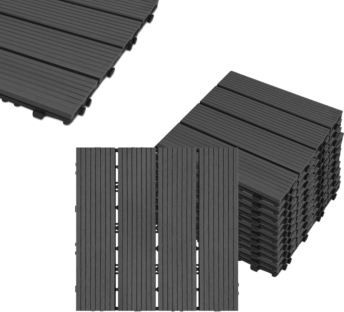 Aufun 11x Terrastegels voor 1m² WPC 30x30cm houtlook - Balkontegels tuinkliktegel antraciet met drainage (set van 11 stuks, antraciet)