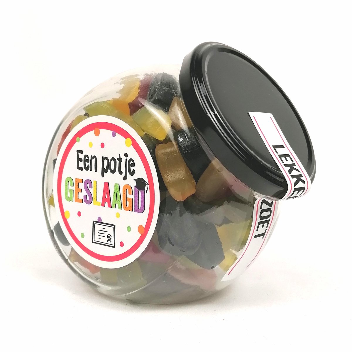 Geslaagd cadeau diploma - geslaagd snoeppot - "Een potje geslaagd" - snoep cadeau - diploma cadeau - winegum - examen cadeau