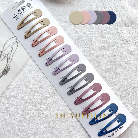 Set de 12 pinces à cheveux pastel en forme de goutte d'eau de 5 cm de long. Diverses couleurs douces.