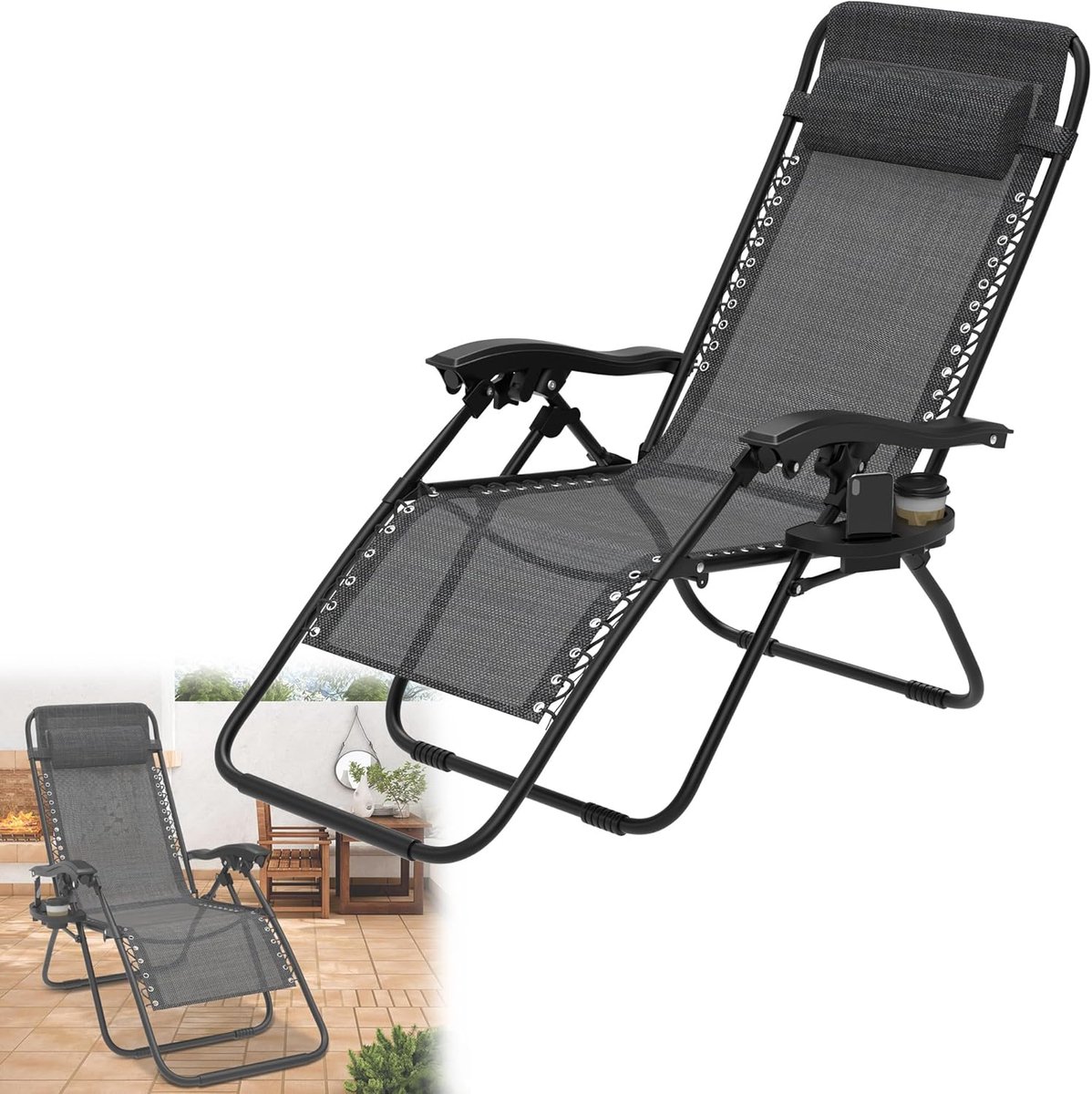 Aufun Antraciet Ligstoel Tuin Ligstoel Opvouwbaar Lichtgewicht Opvouwbare Ligstoel Balkon Patio Ligstoel Strandligstoel Met Kussen Bekerhouder