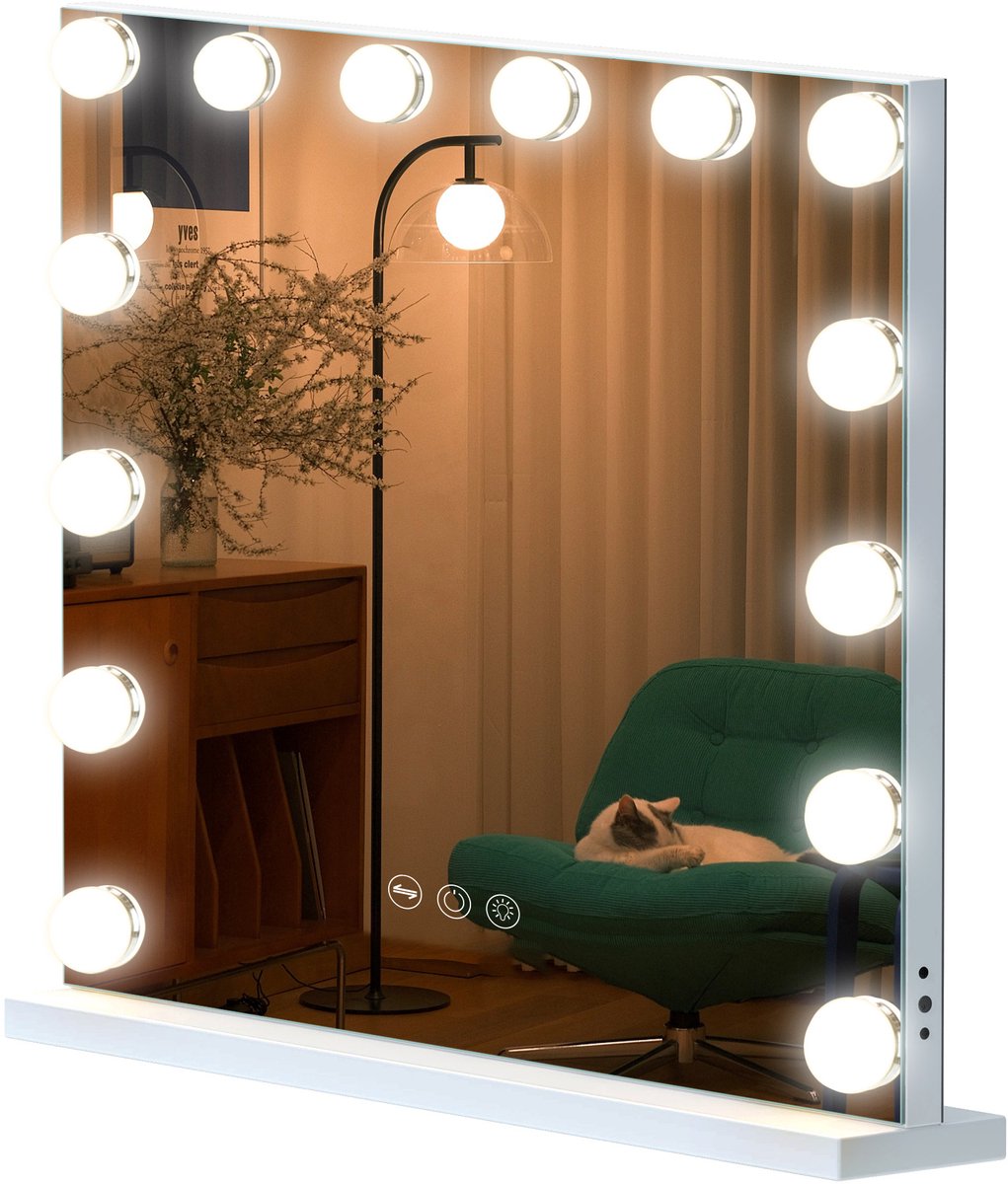 Hollywood Make Up Spiegel met Verlichting - Holywood – Visagie – 50 x 42 cm - Zonder Rand – 14 Led Lampen – Met 3 Lichtstanden - Wit