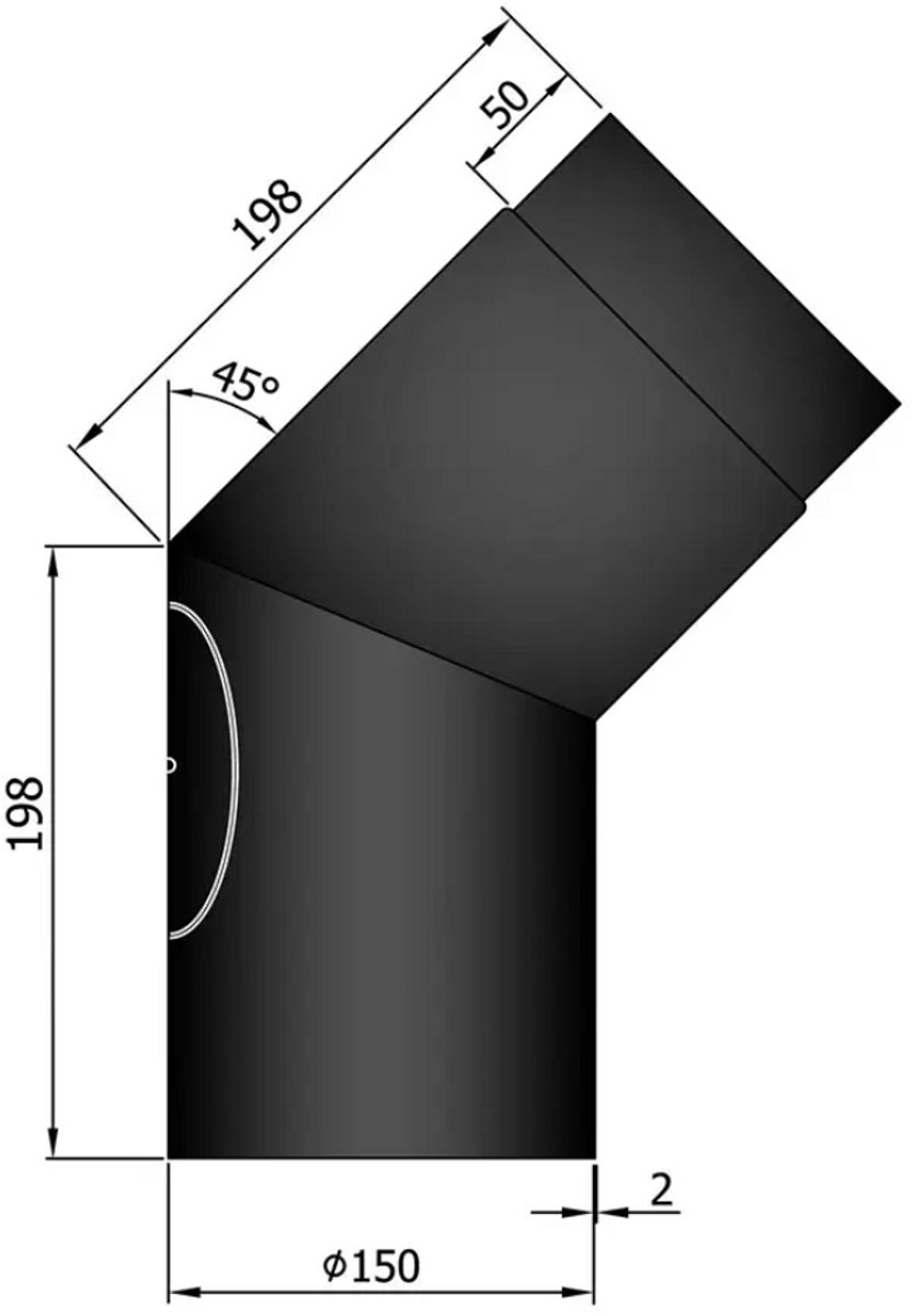 Kachelpijp Ø150 Bocht 45° met deur - zwart - staal - 2mm