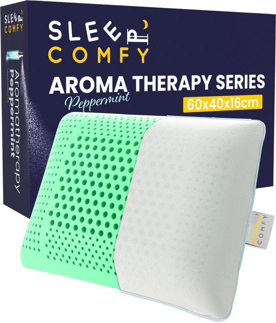 Verpakking en lichtgroen visco kussen "Sleep Comfy Aromatherapy Series Peppermint 60x40x16cm".