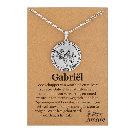 Aartsengel Gabriël Ketting op Cadeau Kaartje - Zilverkleurig - Beschermengel Talisman / Medalion - Engelen Hanger - 60cm