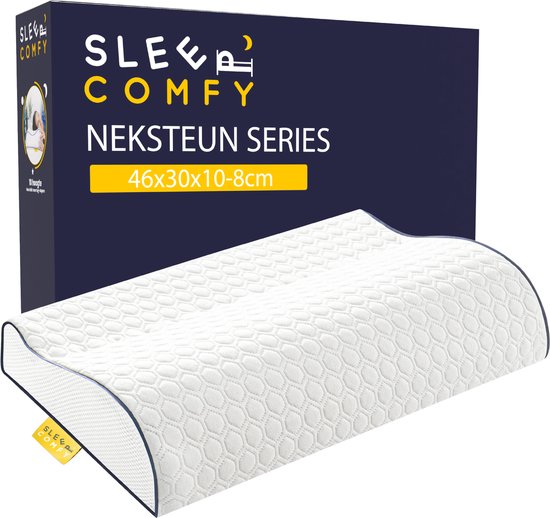 Sleep Comfy neksteun serie kussen 46x30x10-8cm met witte honingraat structuur en blauwe bies.