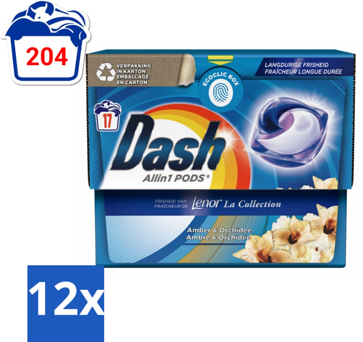 12 x Dash - Lenor Collectie - Wasmiddel Capsules - All-in-1 Pods - Witte en Gekleurde Was - Amber & Orchidee - 17 Wasbeurten - Wasmiddel Capsules - Lenor Geur - Waspoeder - Vlekkenverwijderaar - Wasverzachter