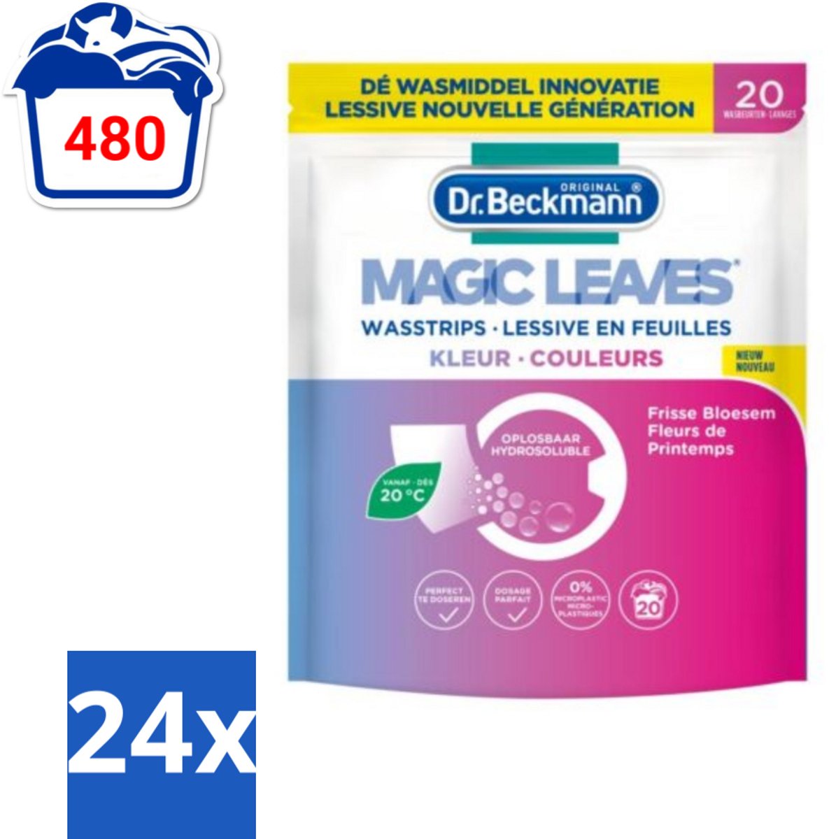 24 x Dr. Beckmann - Magic Leaves - Wasstrips - Gekleurde Was - Frisse Bloesem - 20 Wasbeurten - Wasstrips - Wasmiddel - Gekleurde Was - Frisse Geur - Milieuvriendelijk