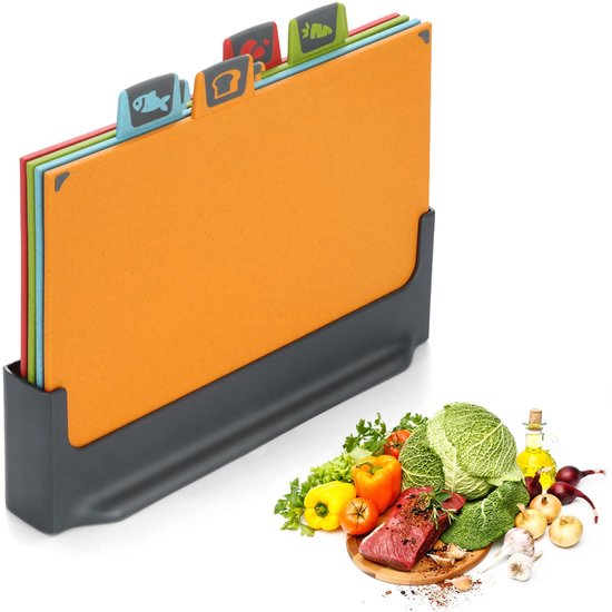 Keuken Accessoires Set BOCHION Snijplankenset 4-delig - Kunststof Met Voedselpictogrammen & Antislip - BPA-vrij, Antibacterieel - Voor Vlees, Vis, Groenten, Brood De Beste Snijplank