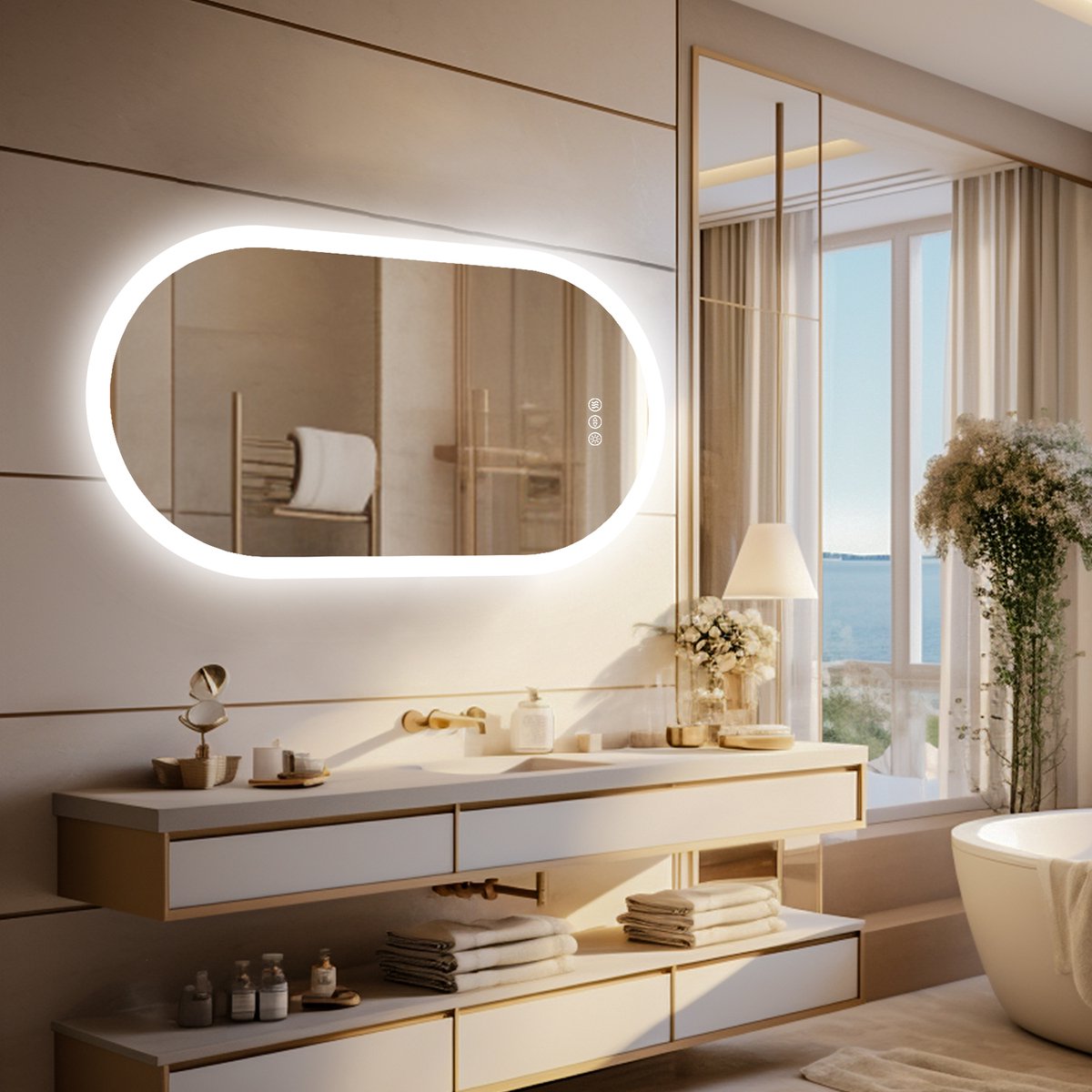 Miroir De Salle De Bain LED Anti-buée 40x50 Cm - Lumière Dimmable, 3 Couleurs, Mémoire Et étanche IP66