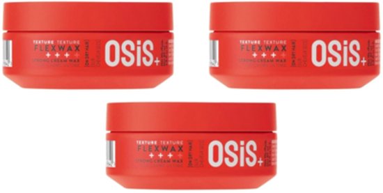 Trois pots rouges Osis+ Flexwax avec texte blanc. Les pots sont empilés.