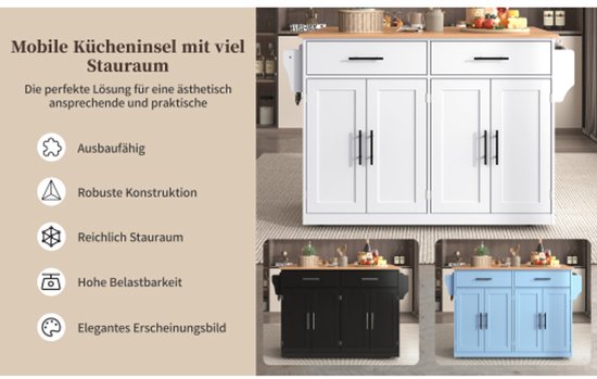 YuQozii Serveerwagen met inklapbaar tafelblad, 120 x 46 (70) x 91 cm, met wielen en verwisselbare houten poten, ideaal voor keuken en eetkamer (wit